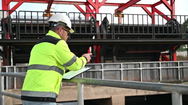 A specialist engineer is inspecting for defects in the wastewater treatment system.