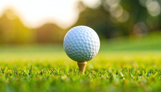 Morning sunlight golf ball focus, fresh green grass, wooden tee, outdoor sport, peaceful mood, ready for a new golfing day.