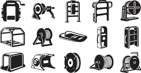 Industrial equipment and machinery icons in black and white