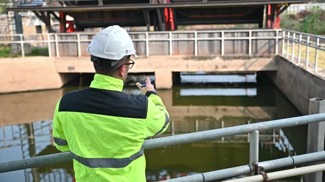 A specialist engineer is inspecting the operation of a water filter in a wastewater treatment plant.