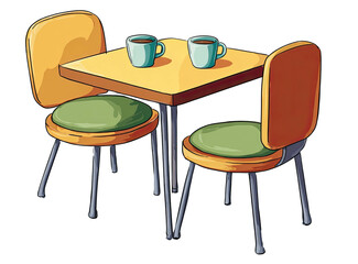 Cartoon depiction of a small table with two chairs, two mugs sit atop the table