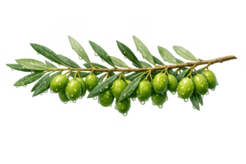 Olive branch with fresh green olives and water drops, symbolizing peace, nature, agriculture, and healthy food