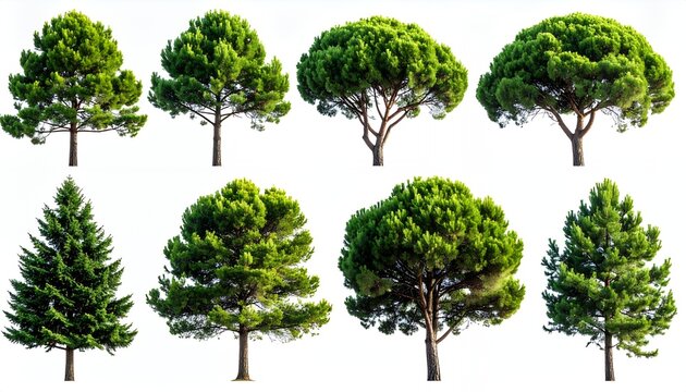 Collection of eight diverse green trees isolated on a clean white background, showcasing various shapes and sizes of foliage and trunks.