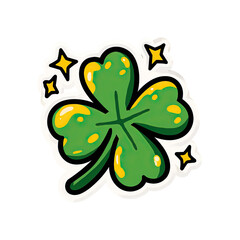 Obraz premium Cartoon illustration featuring a vibrant green four-leaf clover sticker with white border and yellow stars