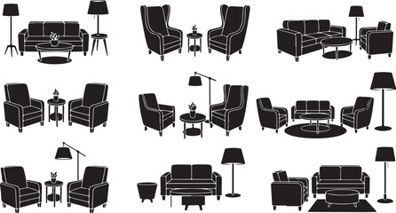 Various living room furniture sets with lamps and tables