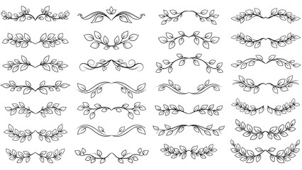 Obraz premium Collection of 25 black and white ornate floral dividers with leaf patterns, symmetrical designs, swirls, and elegant curves for decorative borders