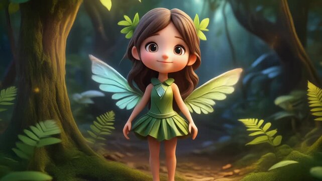 Adorable cartoon fairy with green dress and wings in a forest.