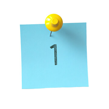 A single blue sticky note with a '1' on it, held in place by a yellow pushpin