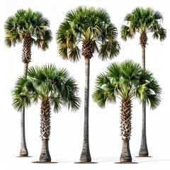 Fototapeta premium Collection of five isolated palm trees with lush green fronds and textured trunks on a white background.