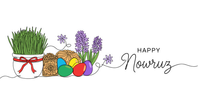 Happy Nowruz illustration features Semeni grass in white pot, traditional sweets, and colored eggs. Continuous line art displays hyacinth blossoms, symbolizing renewal.