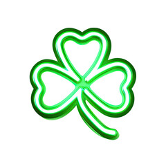 Neon green shamrock glowing against a black background. Graphic illustrating St. Patrick's Day