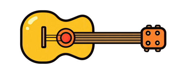 A stylized acoustic guitar illustration, golden body, brown strings, orange headstock, on black backdrop