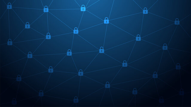 Cyber technology security. Network protection background design. Internet security. Lock symbol from lines and triangles, point connecting network on blue background