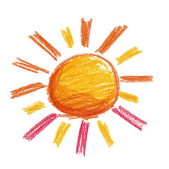 A simple, crayon-drawn sun with a bright, round center and colorful, radiating beams