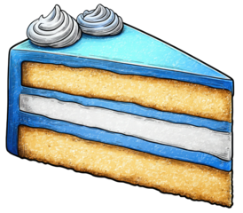A slice of layered cake featuring blue frosting, light filling, topped with white cream