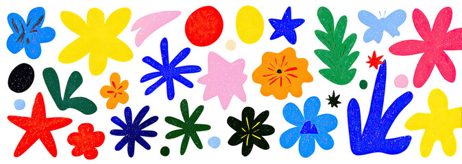 Colorful, abstract shapes in a collage style on a black background, with visible textures