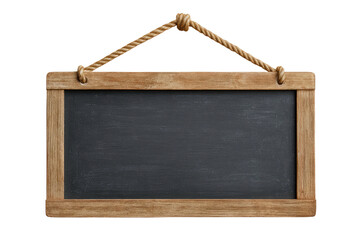 A rectangular chalkboard with a wooden frame hangs from a knotted rope against a black background