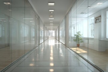 Long office corridor with glass walls