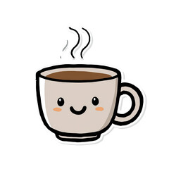 Obraz premium Cartoon illustration of a smiling coffee cup, steaming above, on a stark black background