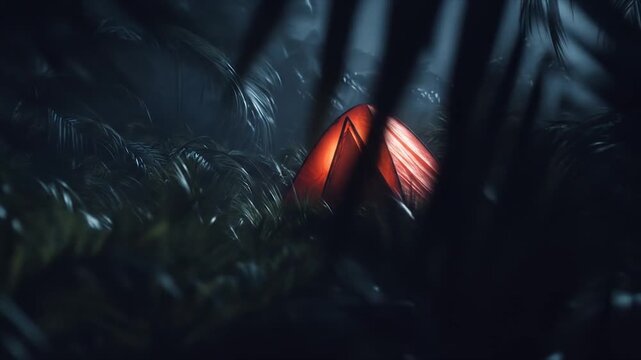 Lit tent amidst tall grass in darkness evoking adventure and solitude