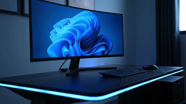 Modern Gaming Setup with Blue LED Lighting and Windows 11 Wallpaper - PC Desk Workspace for Streamers and Gamers