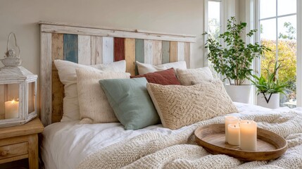 Lifestyle photograph of a cozy bedroom with a wooden headboard and lit candles. Ideal for home lifestyle blogs, hospitality websites, and wellness articles. Warm, rustic photo style.