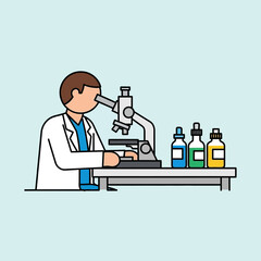 Scientist in Lab Coat Using Microscope with Reagents on Table - Vector Illustration