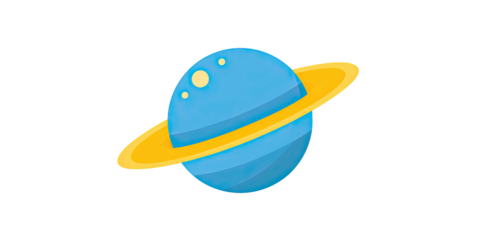 A cartoon planet with a blue sphere, yellow rings, and small details on a black background