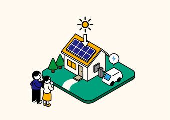 太陽光発電とV2Hを備えた高性能住宅を見学する夫婦のアイソメトリックイラスト