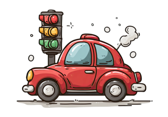 A cartoon red car stopped at a traffic signal. Smoke exits the tailpipe. Snowflakes are falling