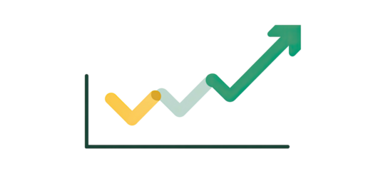 A stylized graph showing fluctuations in data, culminating in an upward green arrow trend