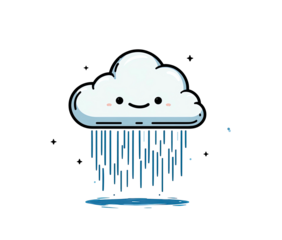 Adorable cartoon cloud with a happy face, showering rain onto a small puddle on a black background