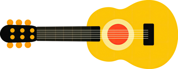 A flat-design acoustic guitar with a yellow body, black neck, and red and white soundhole