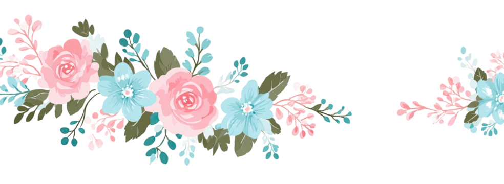 A floral arrangement featuring pink and light blue flowers with green leaves on a black background - Powered by Adobe