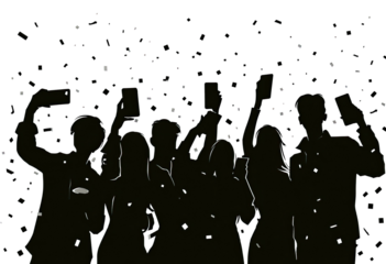 Silhouetted celebratory group raises arms amid confetti against a dark background