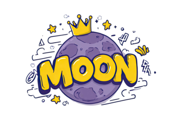 Cartoon illustration featuring a purple lunar body, gold crown, stars, and bold yellow text