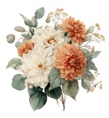 Watercolor floral arrangement of dahlias, eucalyptus leaves, and delicate yellow accents