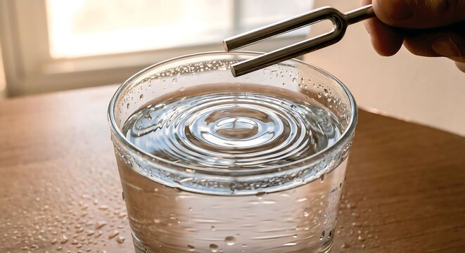 Tuning fork over water glass, sound wave ripples