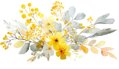Watercolor floral arrangement featuring yellow blooms and silvery-gray leaves