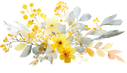 Watercolor floral arrangement featuring yellow blooms and silvery-gray leaves