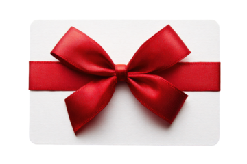 White rectangular card with a vibrant red satin bow and ribbon. Top-down, close-up shot