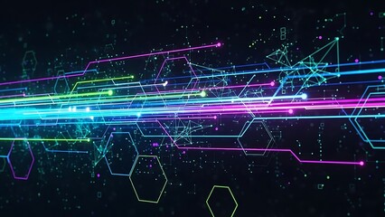 Abstract grainy noise texture neon lines and hexagons in space with glowing dots and futuristic technology elements abstract digital background