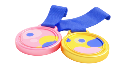 Two colorful medals with blue ribbons, rendering with round faces, perfect for competition