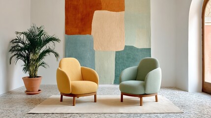 Modern interior photo of two minimalist armchairs in front of a geometric wall mural. Ideal for furniture catalogs, architecture blogs, or websites focused on contemporary home styling.