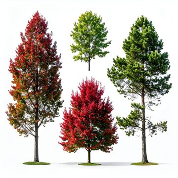 Collection of various trees with vibrant autumn foliage and green leaves, isolated on a white background, showcasing diverse species and seasonal colors.