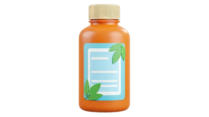 Orange bottle with a blue label and green leaves
