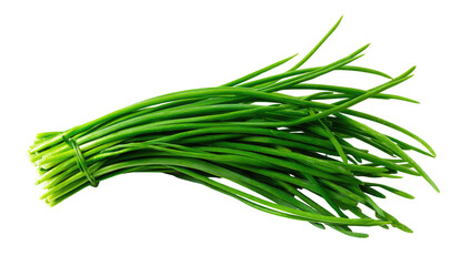 Fresh, vibrant green chives, tied together, isolated against a black background