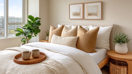 Cozy bedroom interior in a minimalist lifestyle style. Ideal for home decor blogs, real estate listings, or bedding catalogs focusing on wellness and relaxation topics.