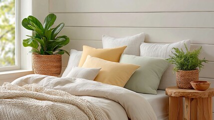 Rustic bedroom with white shiplap walls, pastel pillows, and lush greenery. Created in a cottagecore aesthetic. Ideal for wellness blogs, home textile catalogs, and interior design sites.