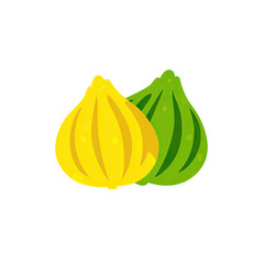 Colorful illustrated duo of stylized fruits, one yellow, one green, presented on a black background